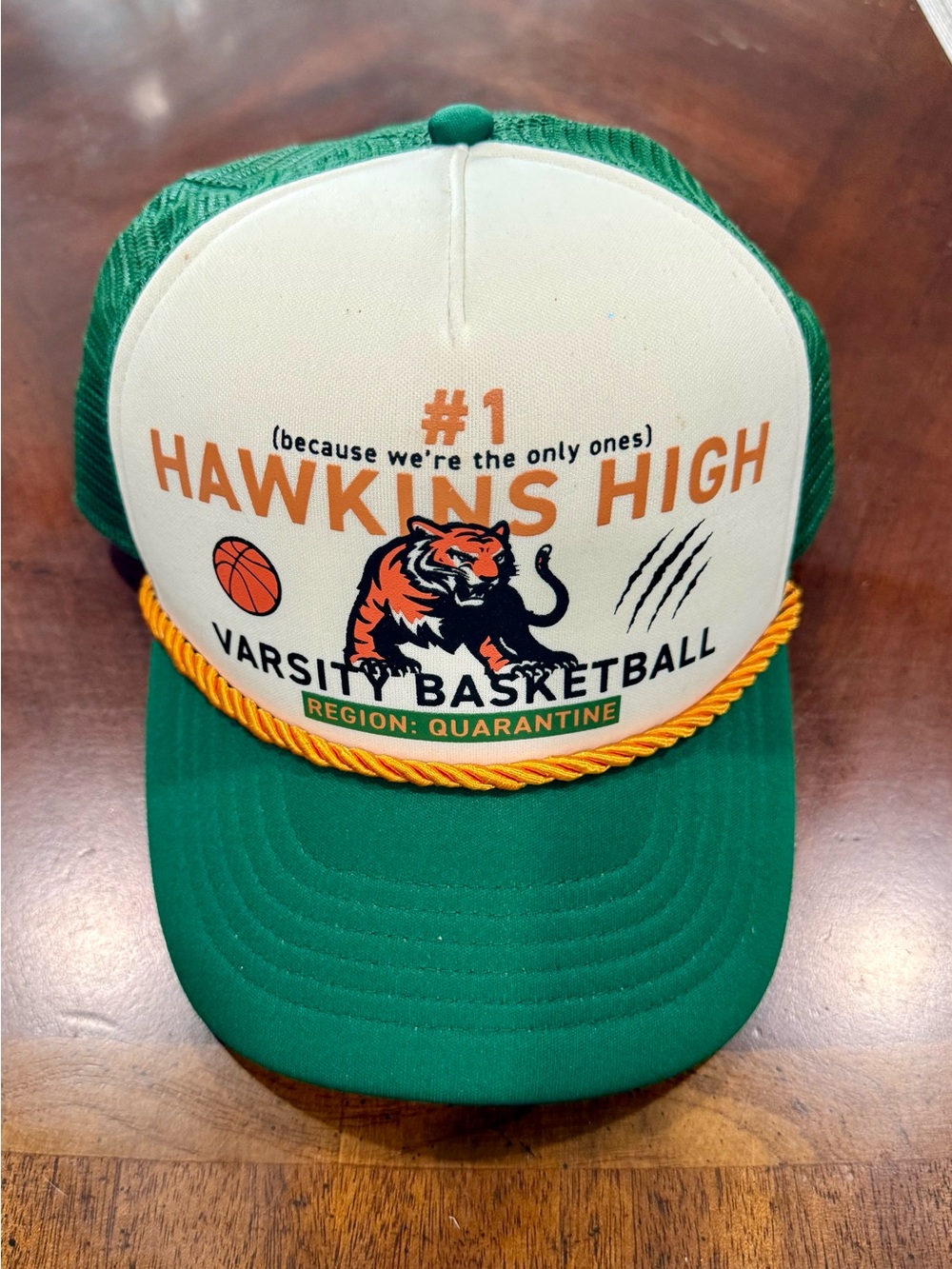 Hawkins High Varsity Basketball Green & White Trucker Hat